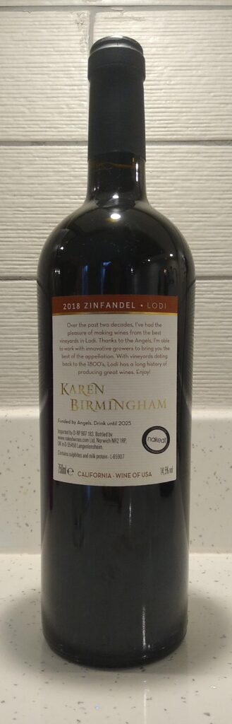 Karen Birmingham Zinfandel bottle rear